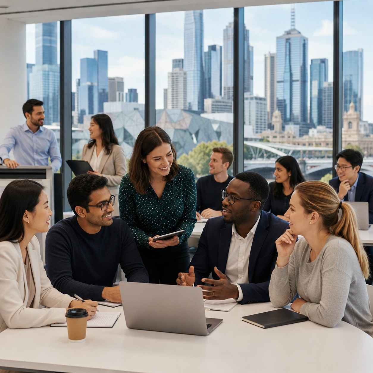 Melbourne MBA class profile with diverse students collaborating in a modern classroom overlooking the Melbourne city skyline.